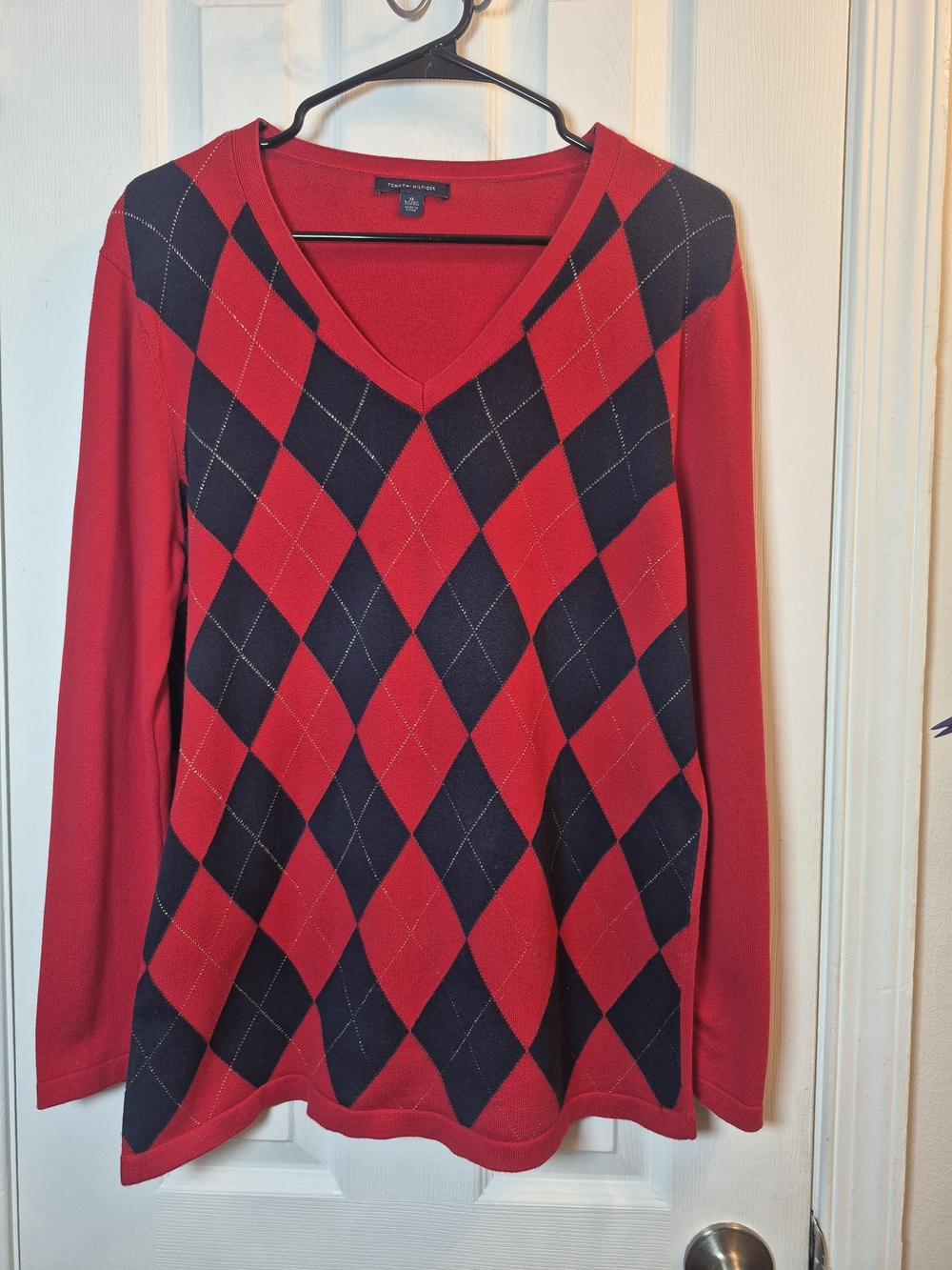 Tommy Hilfiger Argyle V-Neck Sweater Metallic Sparkle Preppy Red Navy XL